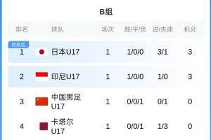 U17亚洲杯B组积分榜：日本、印尼3分前二，国足、卡塔尔0分
